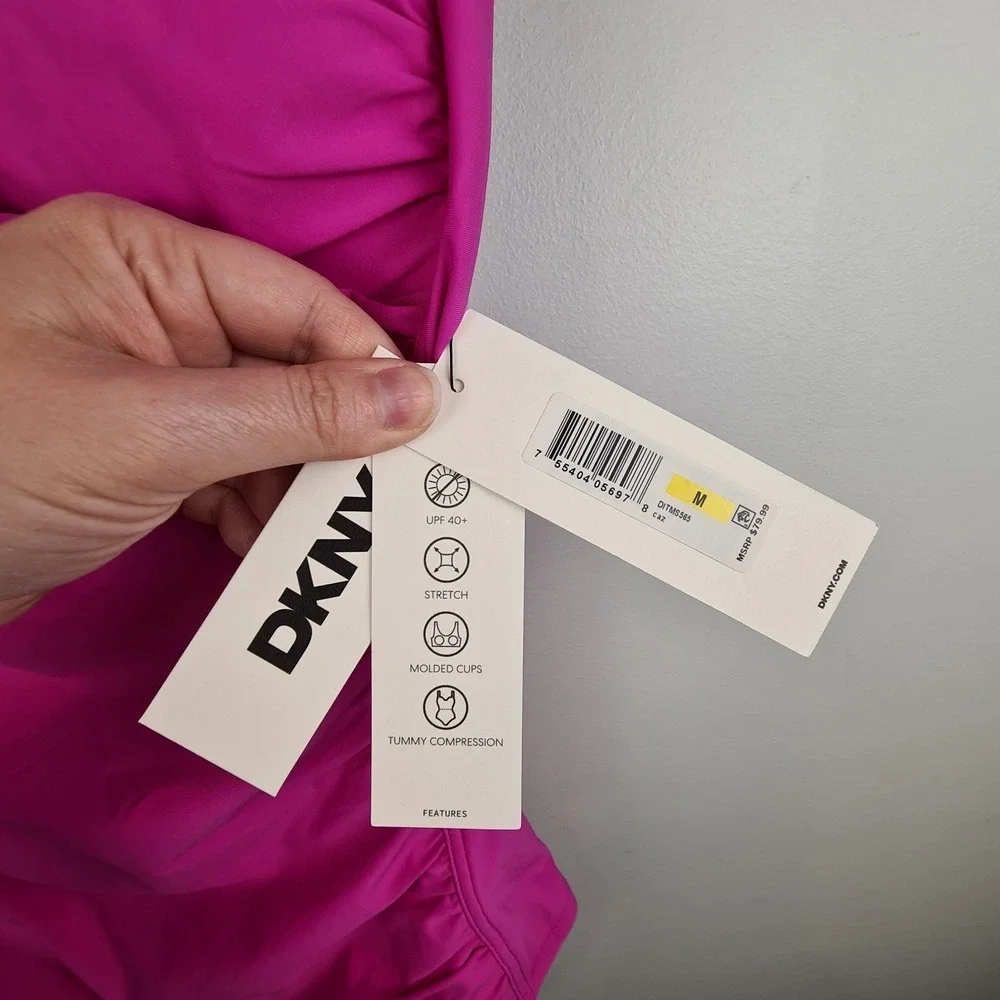 DKNY Women's Twist-Front One-Piece Swimsuit Carnation Pink Medium Tummy Compress - Picture 4 of 11